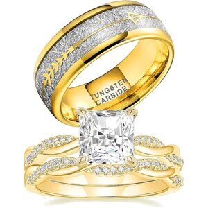 Couple Wedding Ring Set Gold Plated Tungsten Band & CZ Ring 7 & 10 NWT